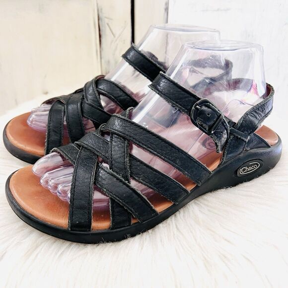 Chaco Tuleah Cross Black Buttery Leather Strappy Comfort Sandals Portugal Size 7 - Picture 1 of 8